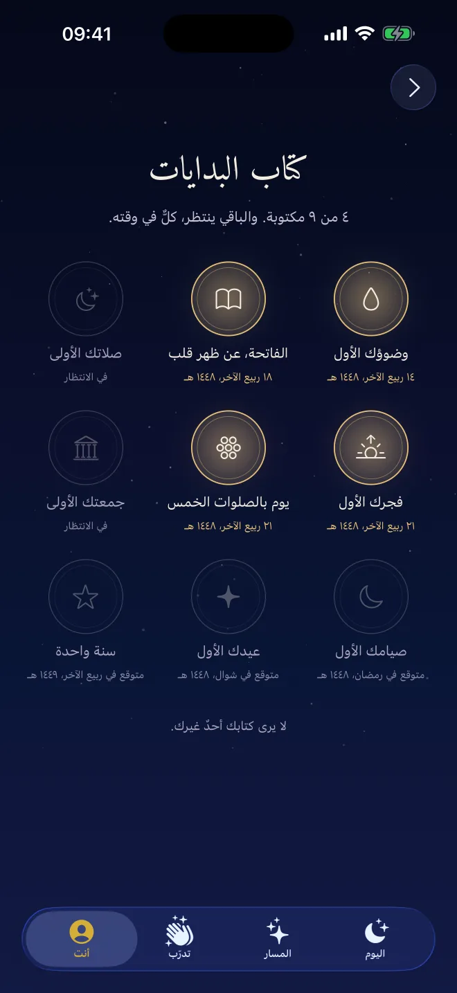 كتاب البدايات في Revertly: الوضوء الأول، والفاتحة عن ظهر قلب، والفجر الأول، كلٌّ بتاريخه