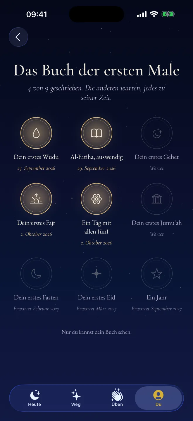 Das Buch der ersten Male in Revertly: erstes Wudu, Al-Fatiha auswendig und erstes Fajr, jeweils mit Datum