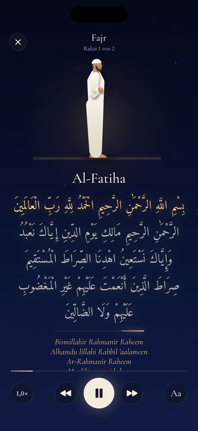 Geführtes Gebet in Revertly: Die Figur steht für Al-Fatiha, während die arabischen Worte aufleuchten
