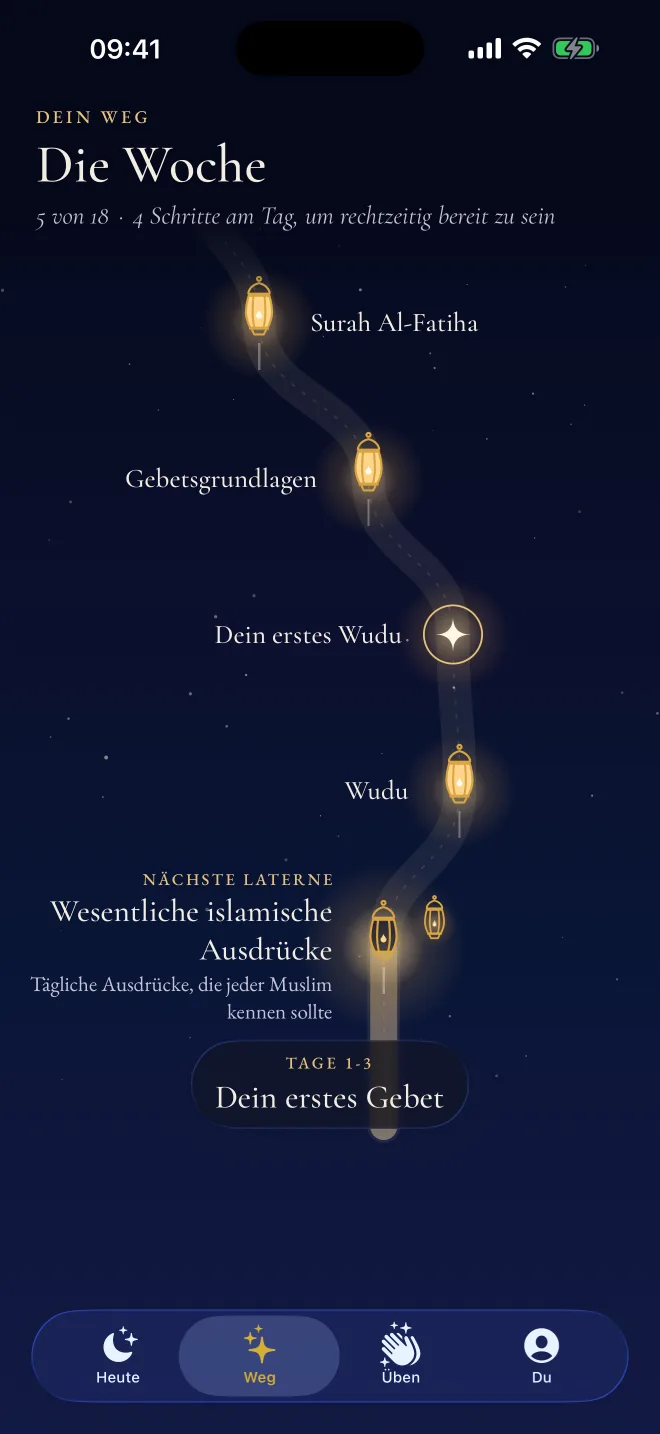 Der Weg in Revertly: Laternen für Wudu, Gebetsgrundlagen und Sure Al-Fatiha, die nächste Laterne leuchtet