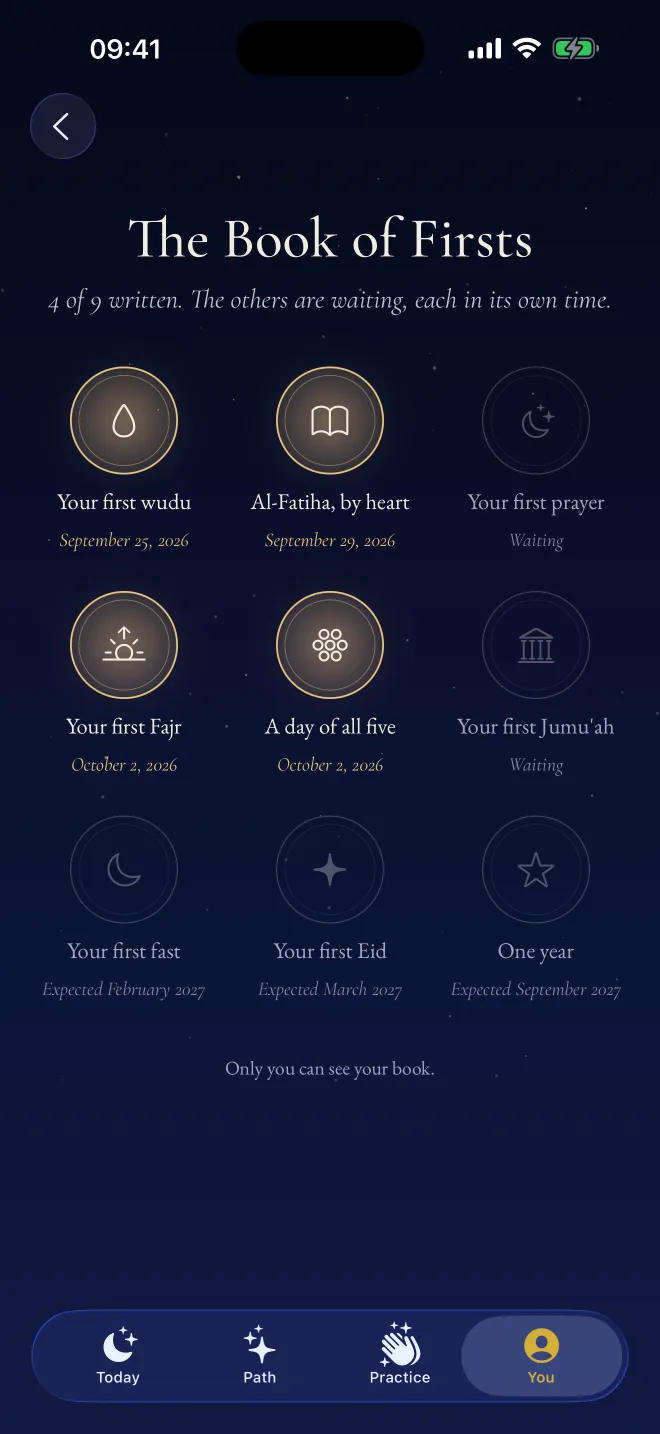 The Book of Firsts in Revertly: first wudu, Al-Fatiha by heart and first Fajr, each with its date