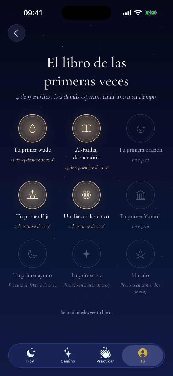 El libro de las primeras veces en Revertly: primer wudu, Al-Fatiha de memoria y primer Fajr, cada uno con su fecha