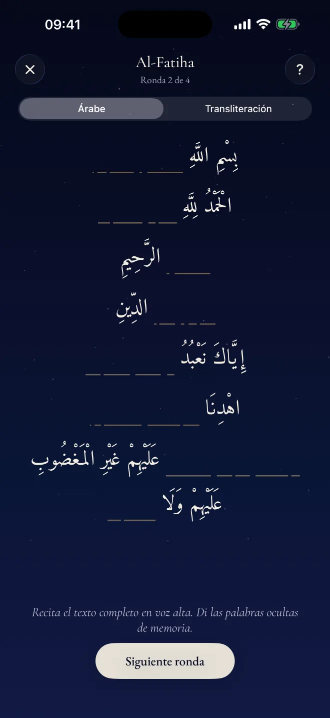 Aprender de memoria en Revertly: Al-Fatiha con algunas palabras ocultas para decirlas de memoria