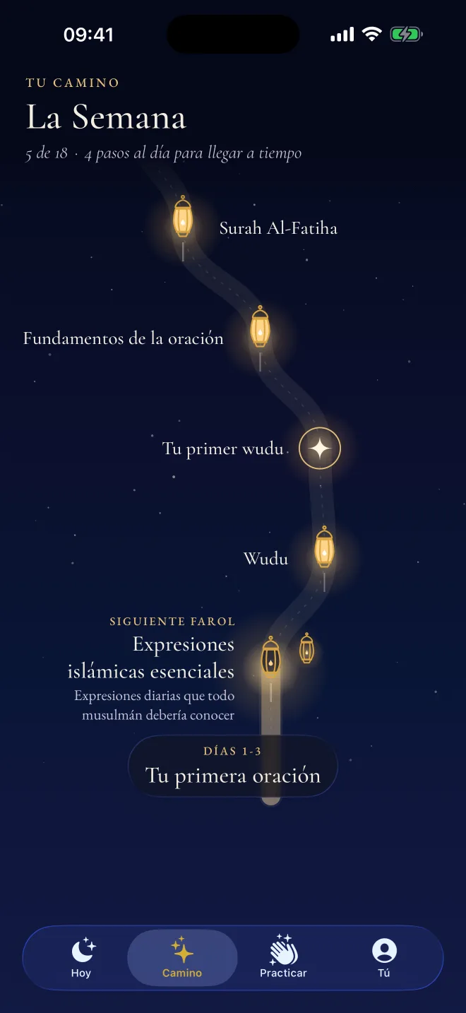 El camino en Revertly: faroles para el wudu, lo básico de la oración y la sura Al-Fatiha, con el próximo farol encendido