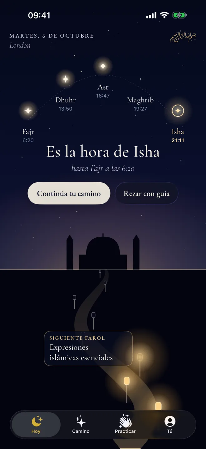 Pantalla Hoy de Revertly: las cinco oraciones como estrellas en el cielo nocturno y el próximo farol de tu camino