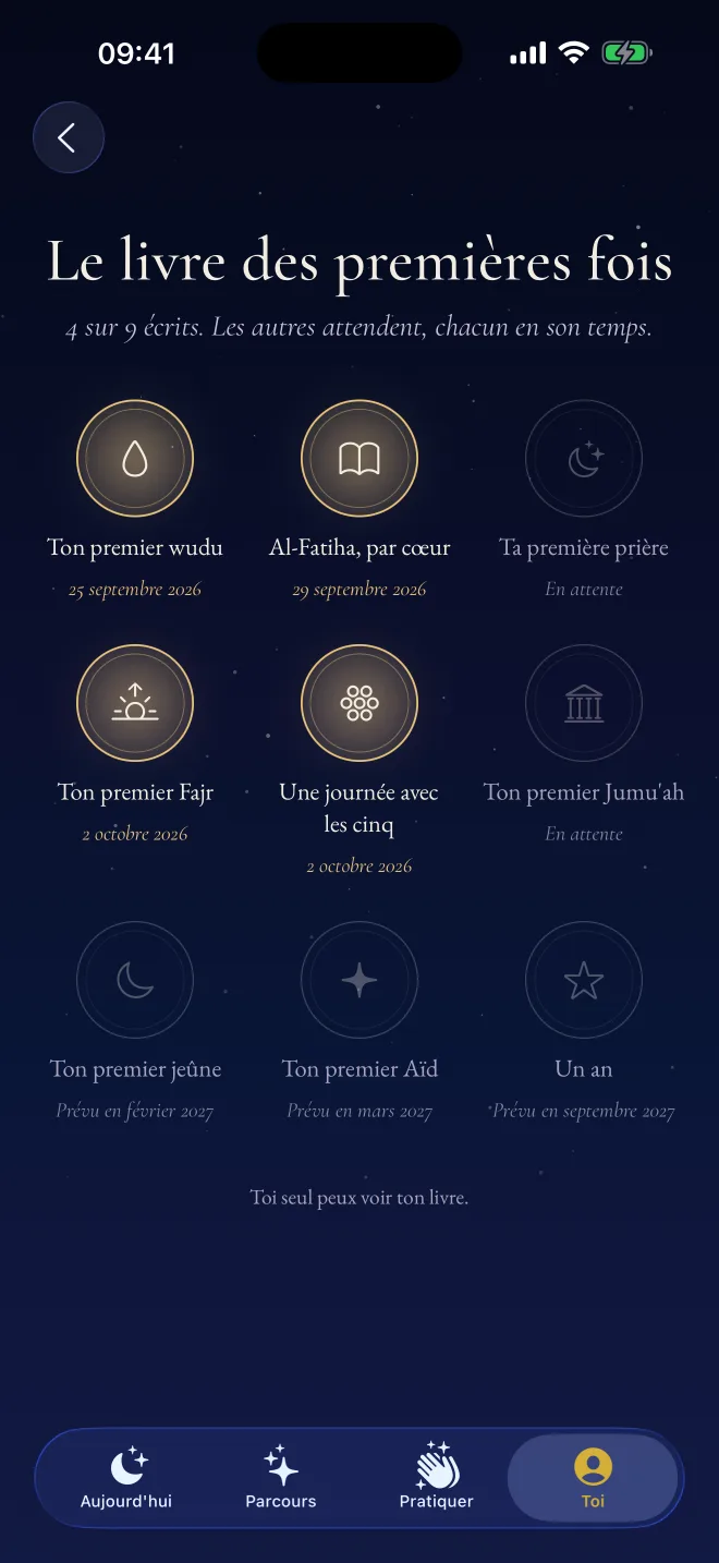Le livre des premières fois dans Revertly : premier wudu, Al-Fatiha par cœur et premier Fajr, chacun avec sa date