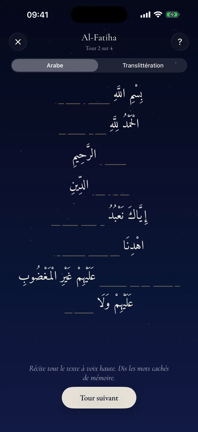 Apprendre par cœur dans Revertly : Al-Fatiha avec des mots cachés, à dire de mémoire