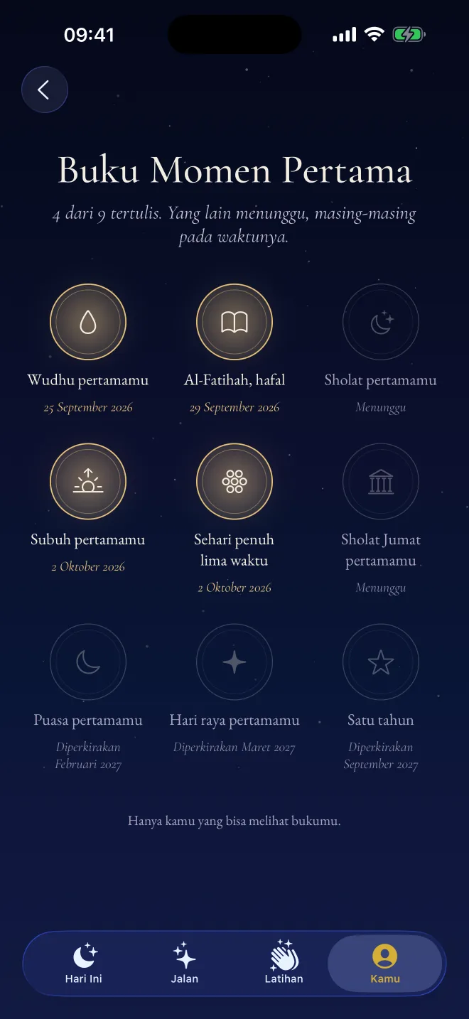 Buku Momen Pertama di Revertly: wudhu pertama, Al-Fatihah yang sudah dihafal, dan Subuh pertama, masing-masing dengan tanggalnya