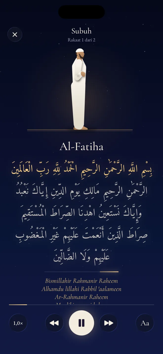 Sholat Terpandu di Revertly: figur berdiri untuk Al-Fatihah sementara kata-kata Arabnya menyala