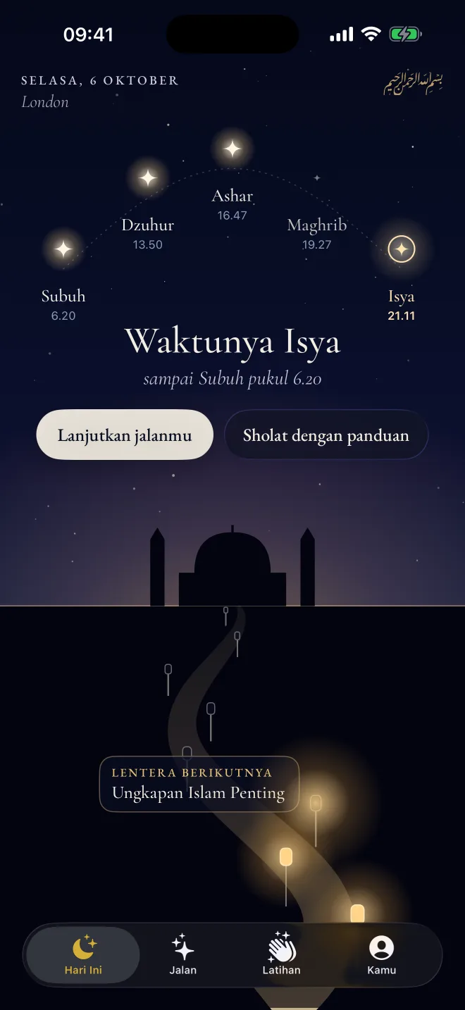 Layar Hari Ini di Revertly: lima waktu sholat sebagai bintang di langit malam, dan lentera berikutnya di jalanmu