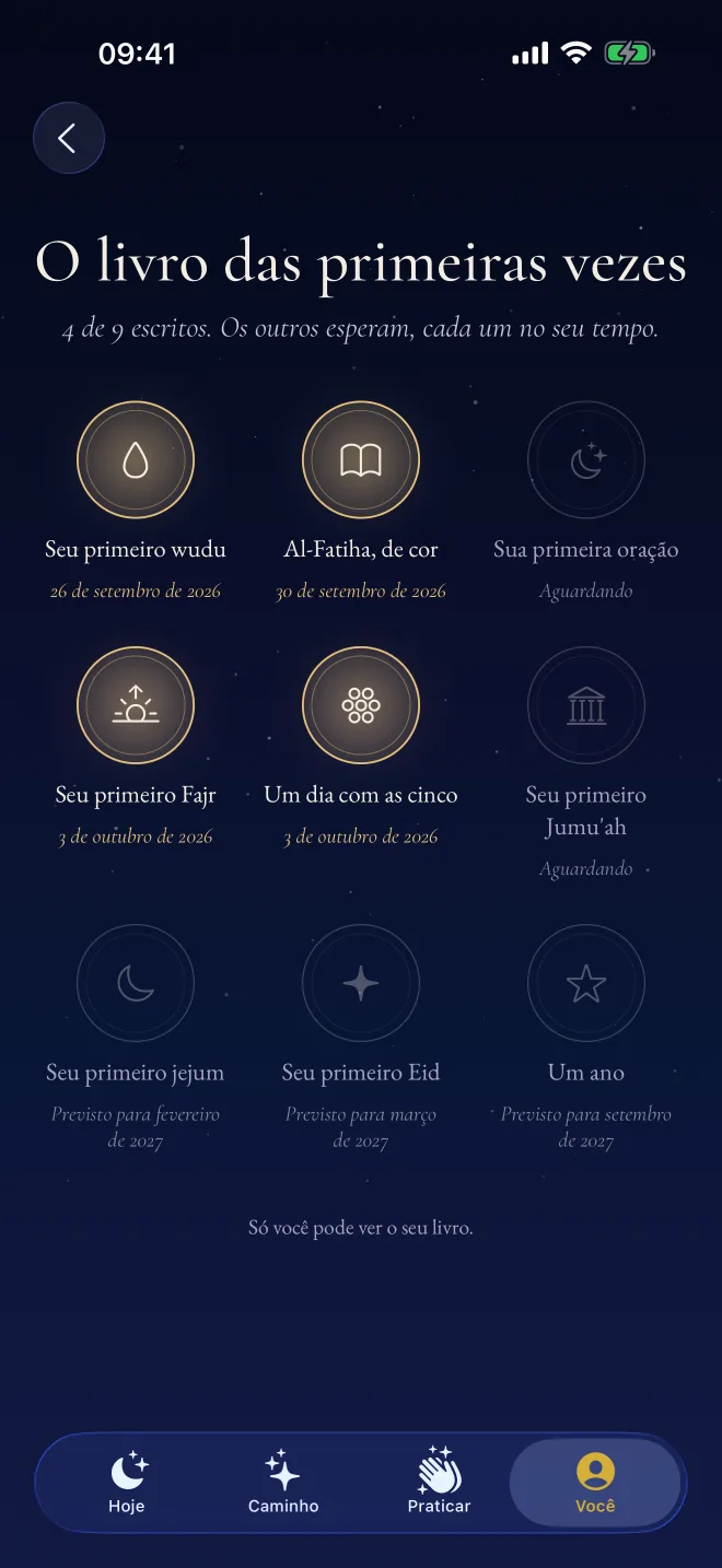 O livro das primeiras vezes no Revertly: primeiro wudu, Al-Fatiha de cor e primeiro Fajr, cada um com a data