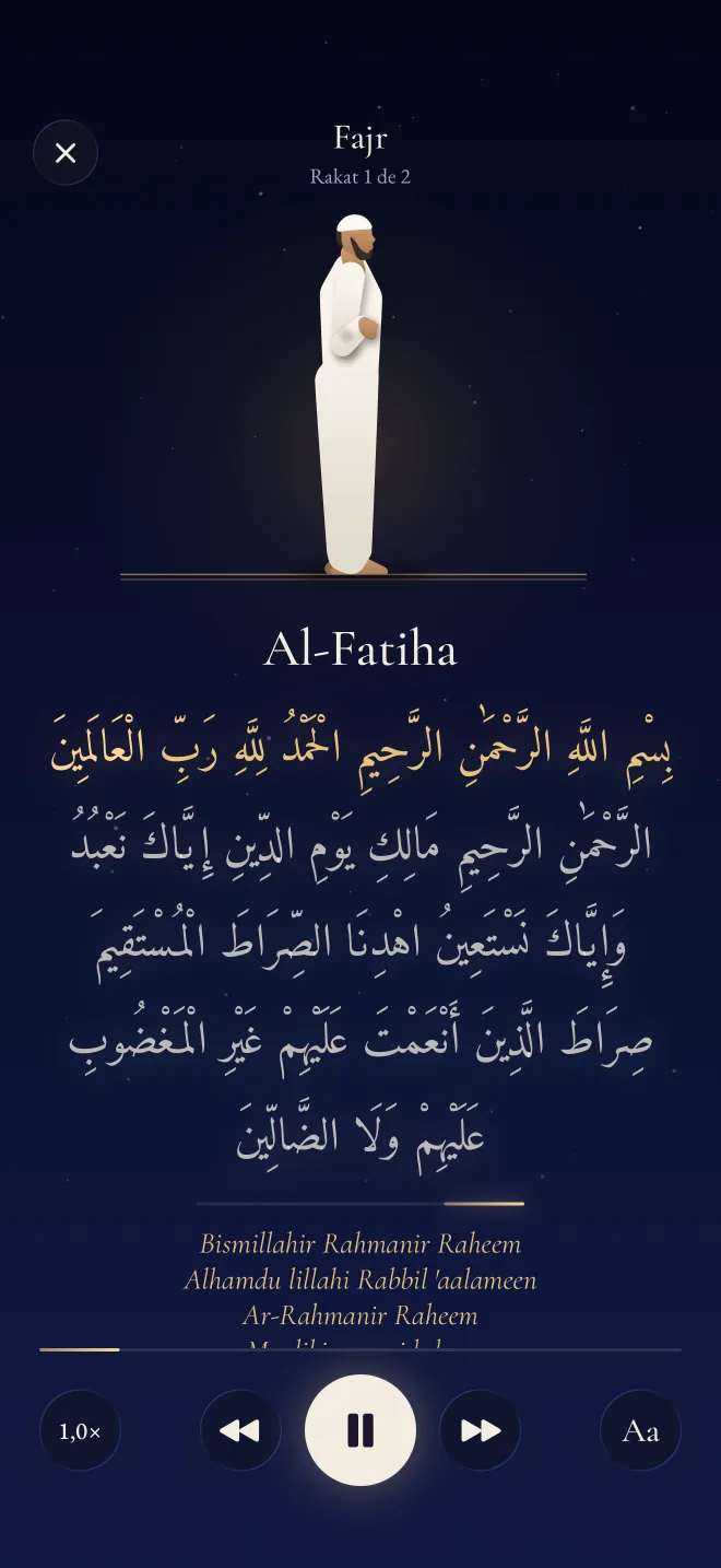 Oração guiada no Revertly: a figura em pé para a Al-Fatiha enquanto as palavras em árabe se iluminam