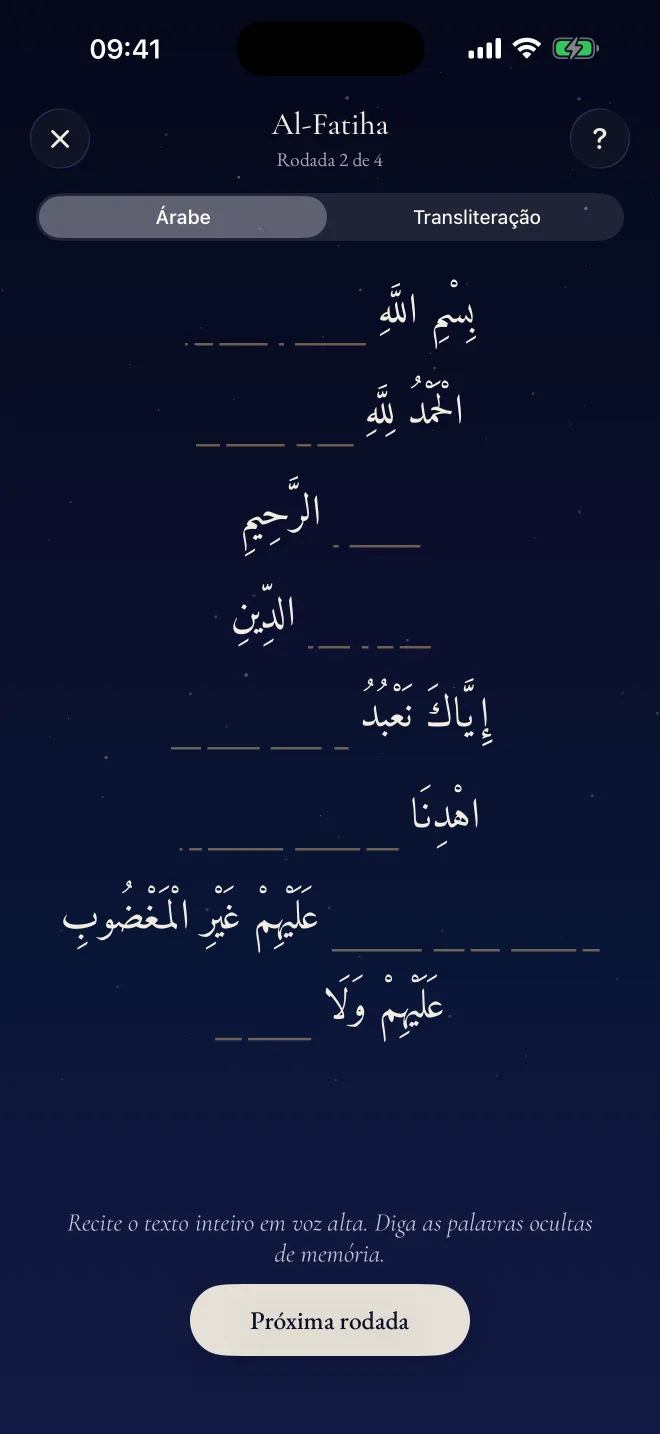 Decorar no Revertly: a Al-Fatiha com algumas palavras escondidas, para dizer de memória