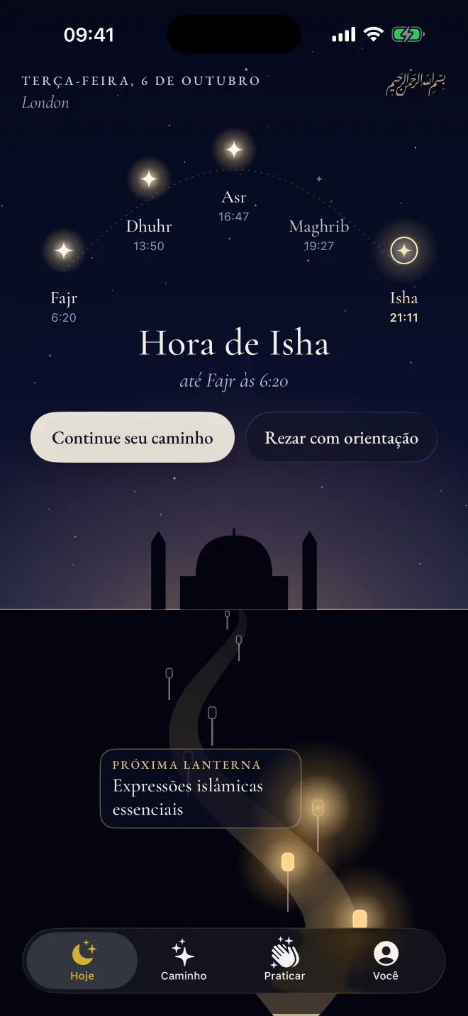 Tela Hoje do Revertly: as cinco orações como estrelas no céu noturno e a próxima lanterna da sua trilha