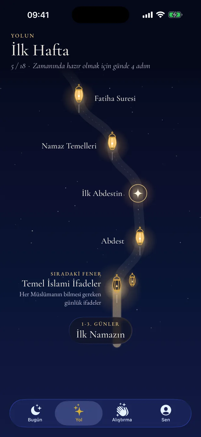 Revertly'de yol: abdest, namazın temelleri ve Fatiha suresi için fenerler, sıradaki fener parlıyor
