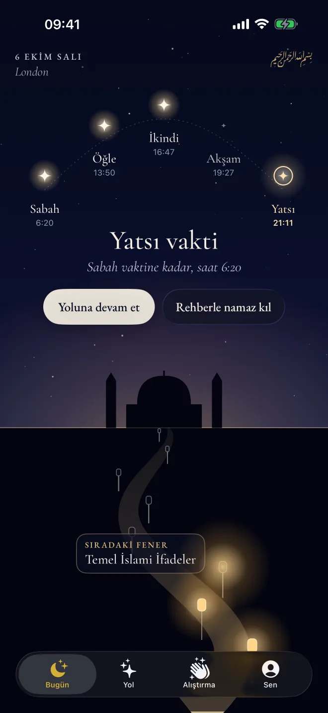 Revertly'nin Bugün ekranı: gece göğünde yıldız olan beş vakit namaz ve yolundaki bir sonraki fener